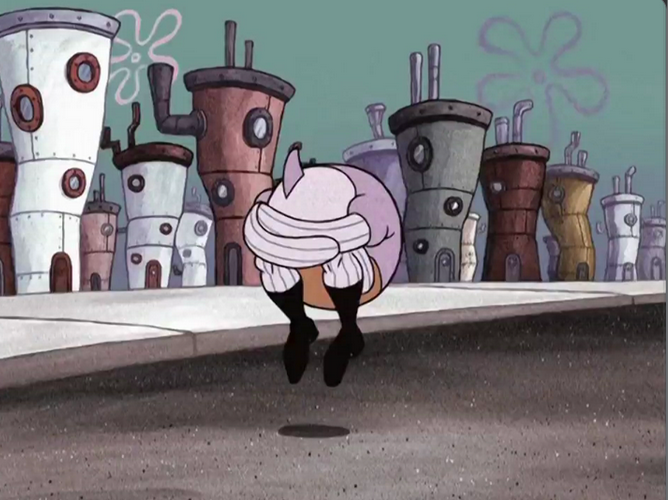 Some kind of fish from Spongebob appearing to be tucked in a midair fetal position while Bikini Bottom dies around him.