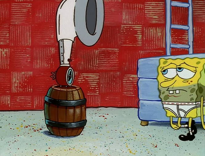 A depressing frame from SpongeBob, showing a an exhausted looking SpongeBob with a five-o'clock shadow about to go to bed.